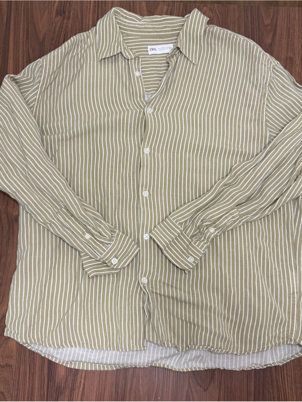 Zara Men Olive Striped Long Sleeve Button-Down Shirt